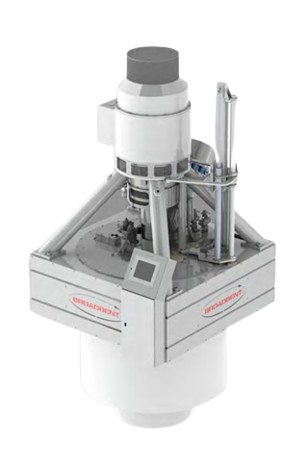 A white industrial centrifuge machine with a control panel and various mechanical components